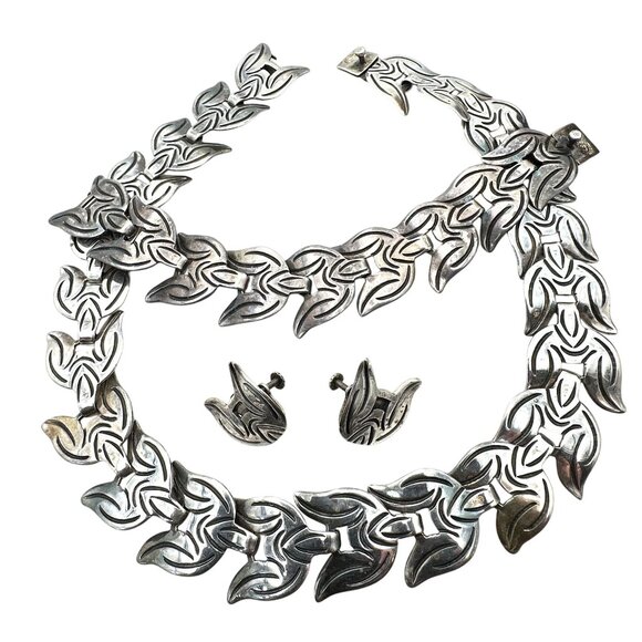 Antique Taxco Mexico LS Sterling Silver Necklace Bracelet Earrings 135 Grams - Picture 1 of 5